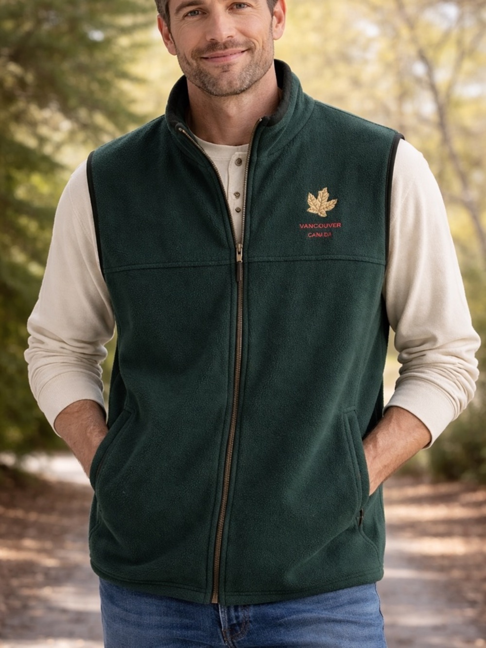 Vancouver Canada Gas Town Fleece Vest XL Forest Green Zip Up Souvenir Outdoor
